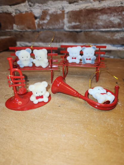 Vintage Avon Bear Ornaments Two Benches One Horn One Trumpet As IS No box