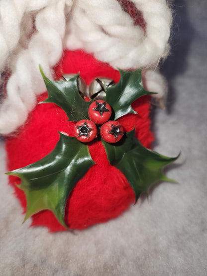 Vintage Red Santa Boot Planter Cover Holly & Bells White Trim ch111