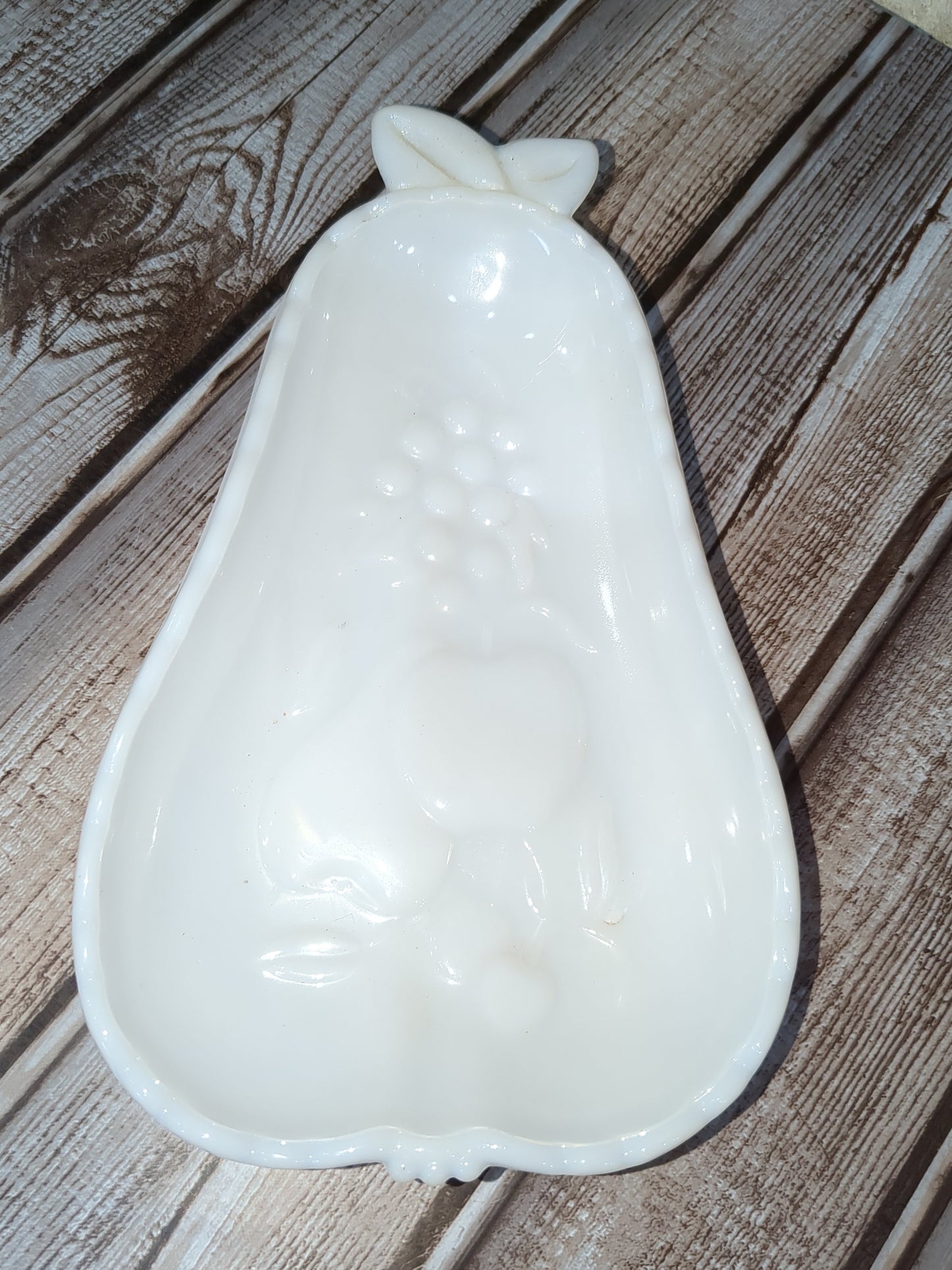 Vintage Hazel Atlas Milk Glass Pear Shaped Candy Dish, Fruit and Floral Pattern mg7
