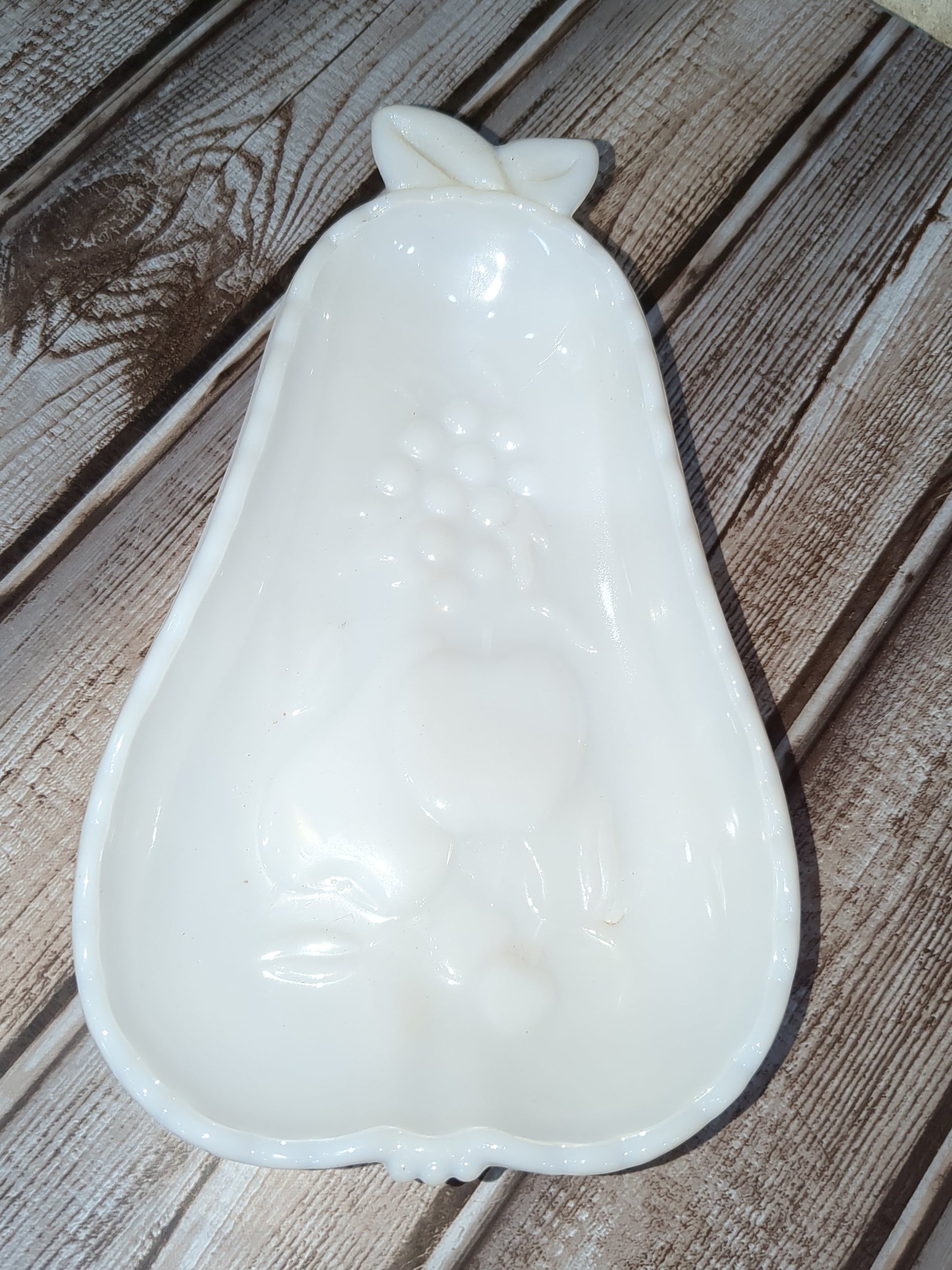 Vintage Hazel Atlas Milk Glass Pear Shaped Candy Dish, Fruit and Floral Pattern mg7
