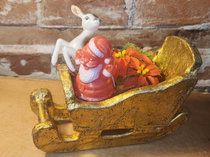 Assemblage with Vintage Hong Kong Reindeer Gold Paper Mache Sleigh Santa as7