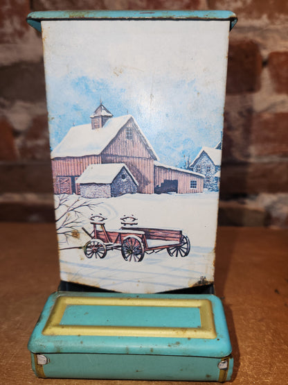 Vintage Jasco Metal Tin Matchbox Holder Wall Mount with Snowy Barn Scene mb89