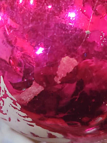 Vintage Shiny Brite Hot Pink Stenciled Church Glass Ornament GLOWS vo17