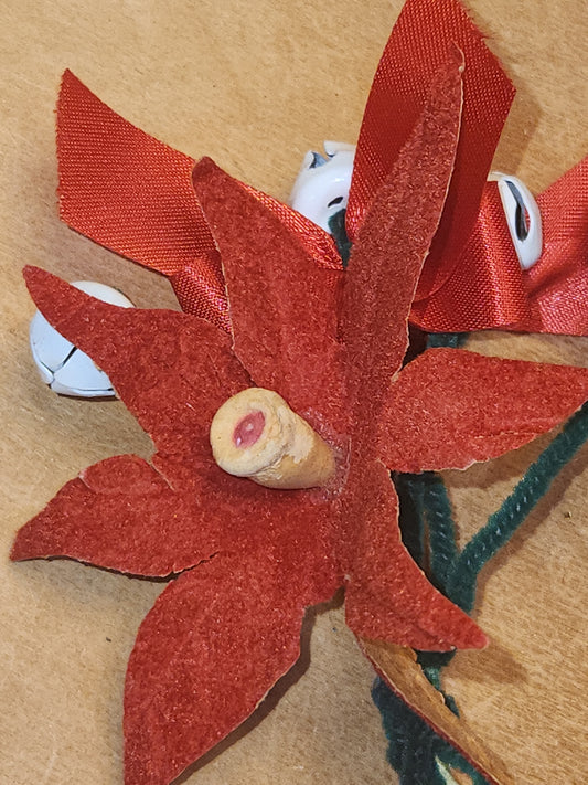 Vintage Christmas Corsage or Package Decoration with White Metal Bells Paper Poinsettia Ribbon and Pipe Cleaner Present Decoration vc11