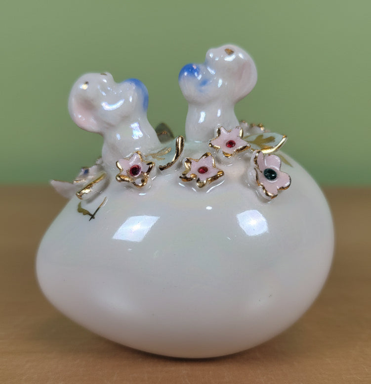 Vintage Porcelain Egg with 3D Bunnies, Flowers Leaves Eggs Gold Accents. Eg7