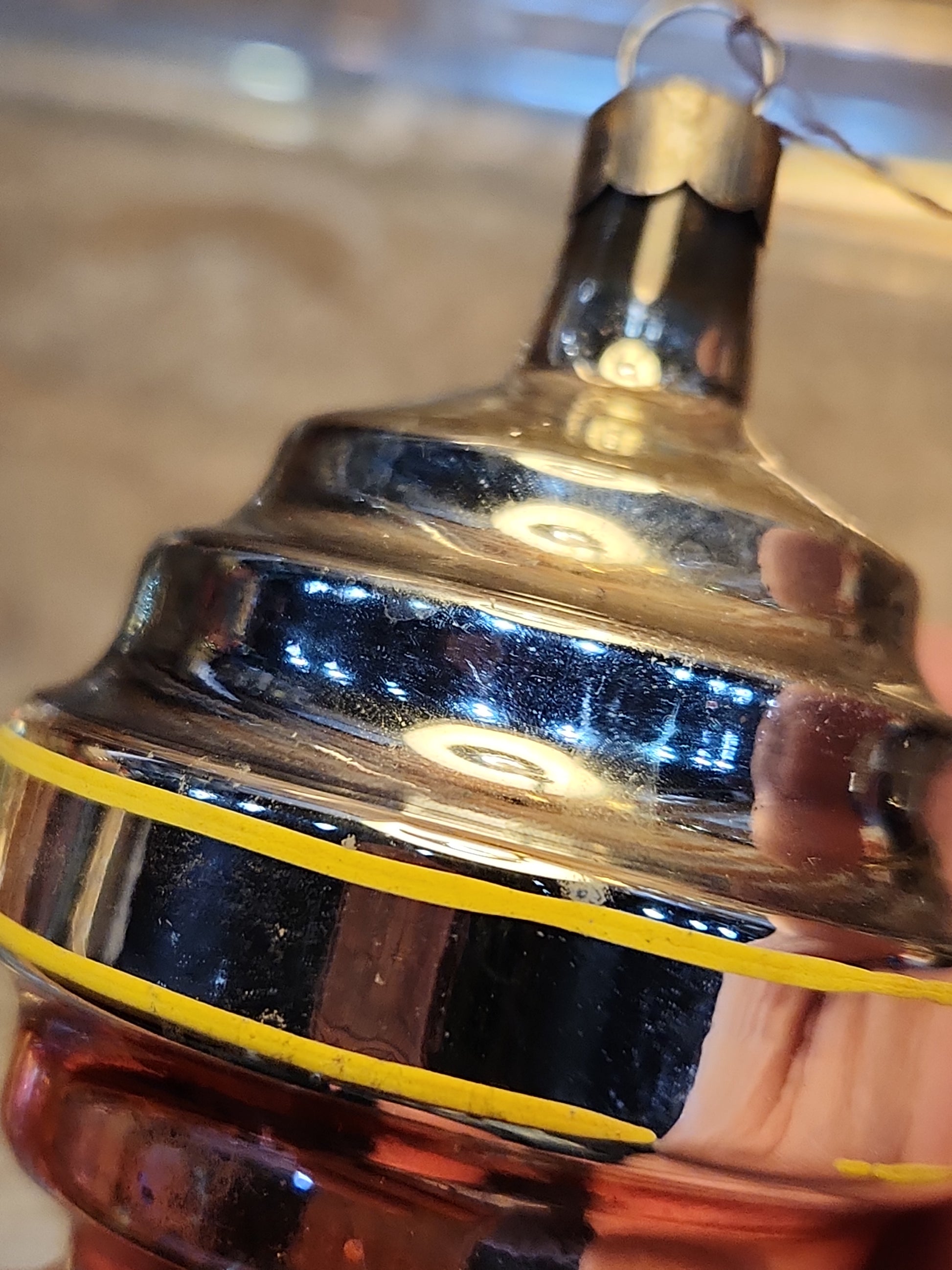 Vintage Glass Wine Keg or Satellite Flat-Bottom Ornament Blue, Yellow, Pink Likely Shiny Brite Made In USofA AS IS O3