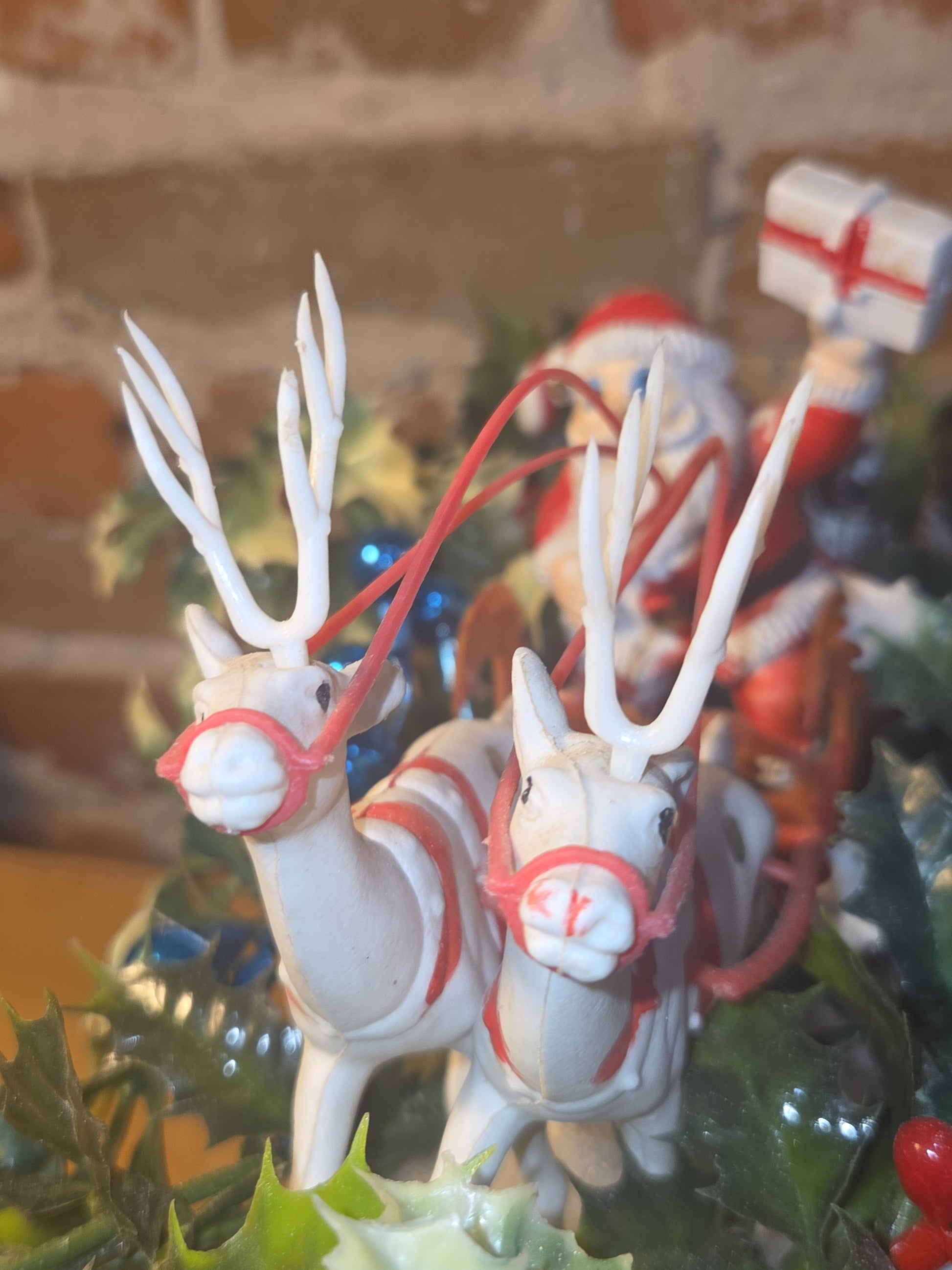 Assemblage With Vintage Blow Mold Santa and Reindeer Flocked Sleigh va98
