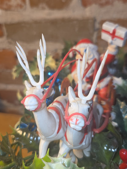 Assemblage With Vintage Blow Mold Santa and Reindeer Flocked Sleigh va98