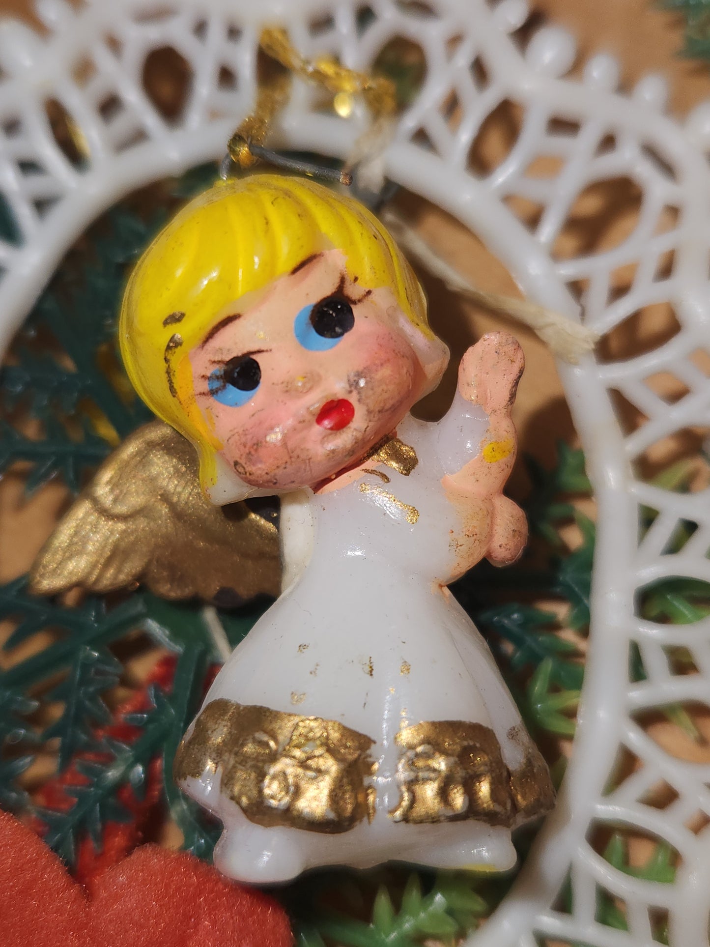 Vintage Plastic 1960s Commodore or Commodore Like Ornaments with Santa and Angel, Greenery Plastic Bow AS IS sm18