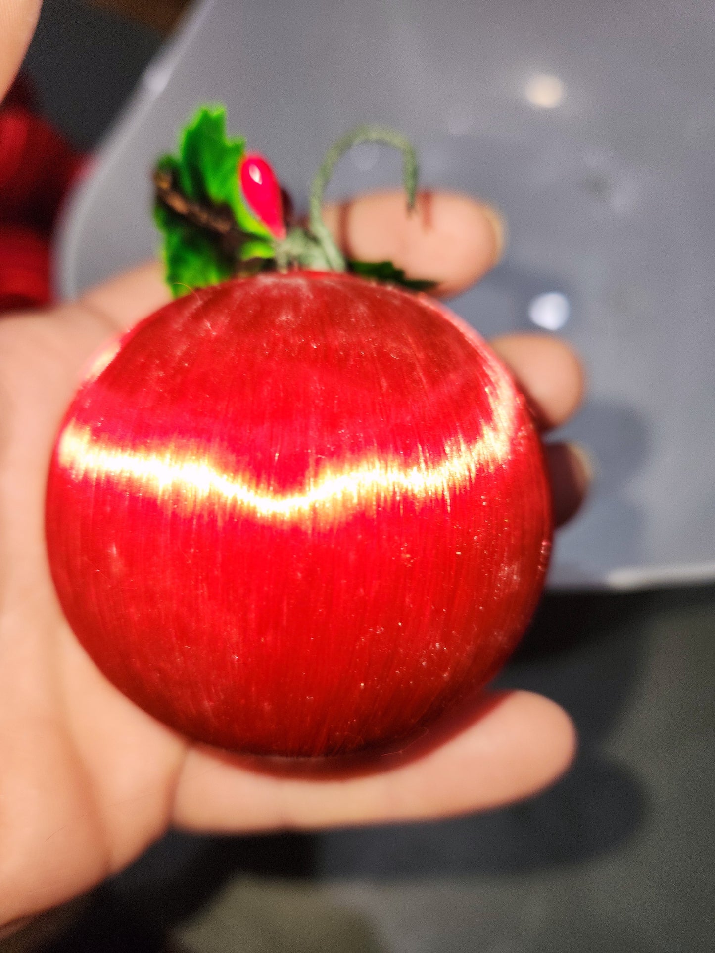 Vintage Red Satin Spun Silk Christmas Ornament 2" Ball With Green Holly Leaf and Green Metal Hanger