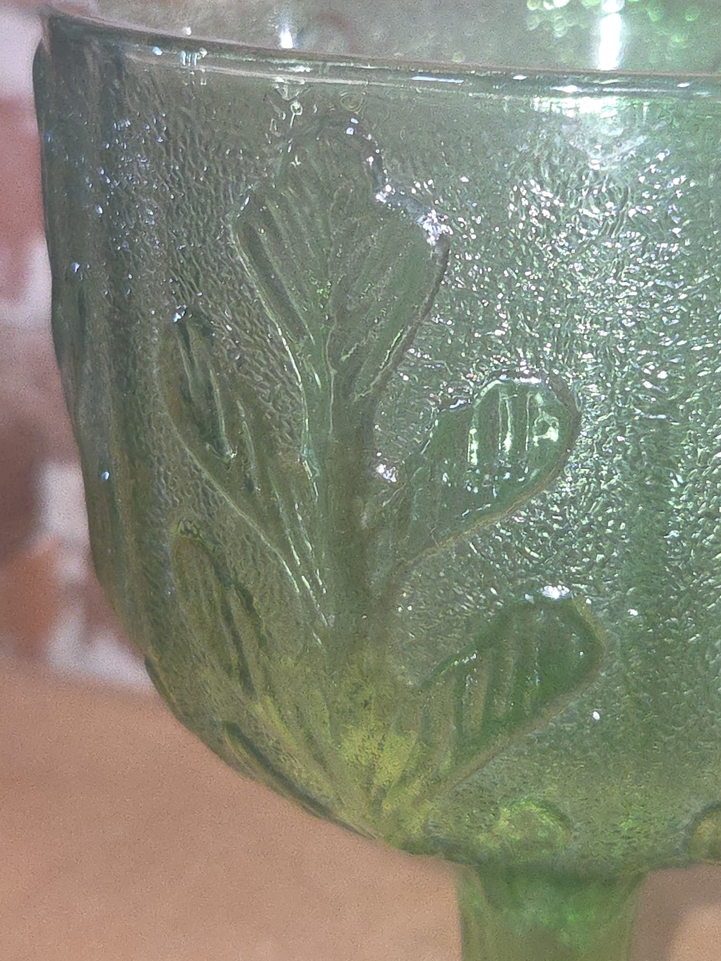Vintage Vase FTD 1975 Green Glass Goblet Vase with Pedestal Floral Arranging Leaf Pattern Pl75