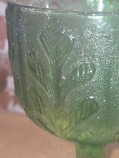 Vintage Vase FTD 1975 Green Glass Goblet Vase with Pedestal Floral Arranging Leaf Pattern Pl75
