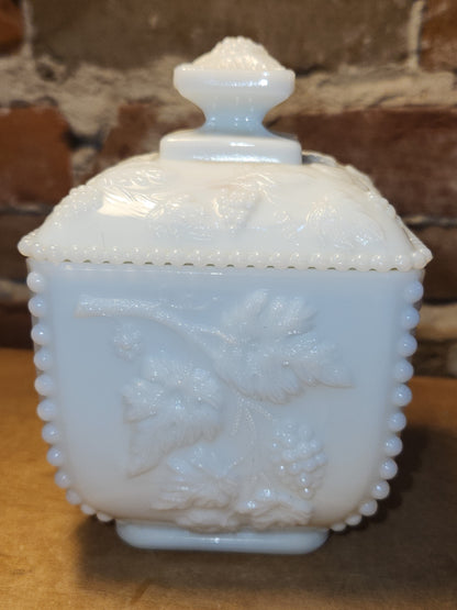 Vintage Westmoreland Milk Glass Square Lidded Candy Dish Grape Design Beaded Edges mg111