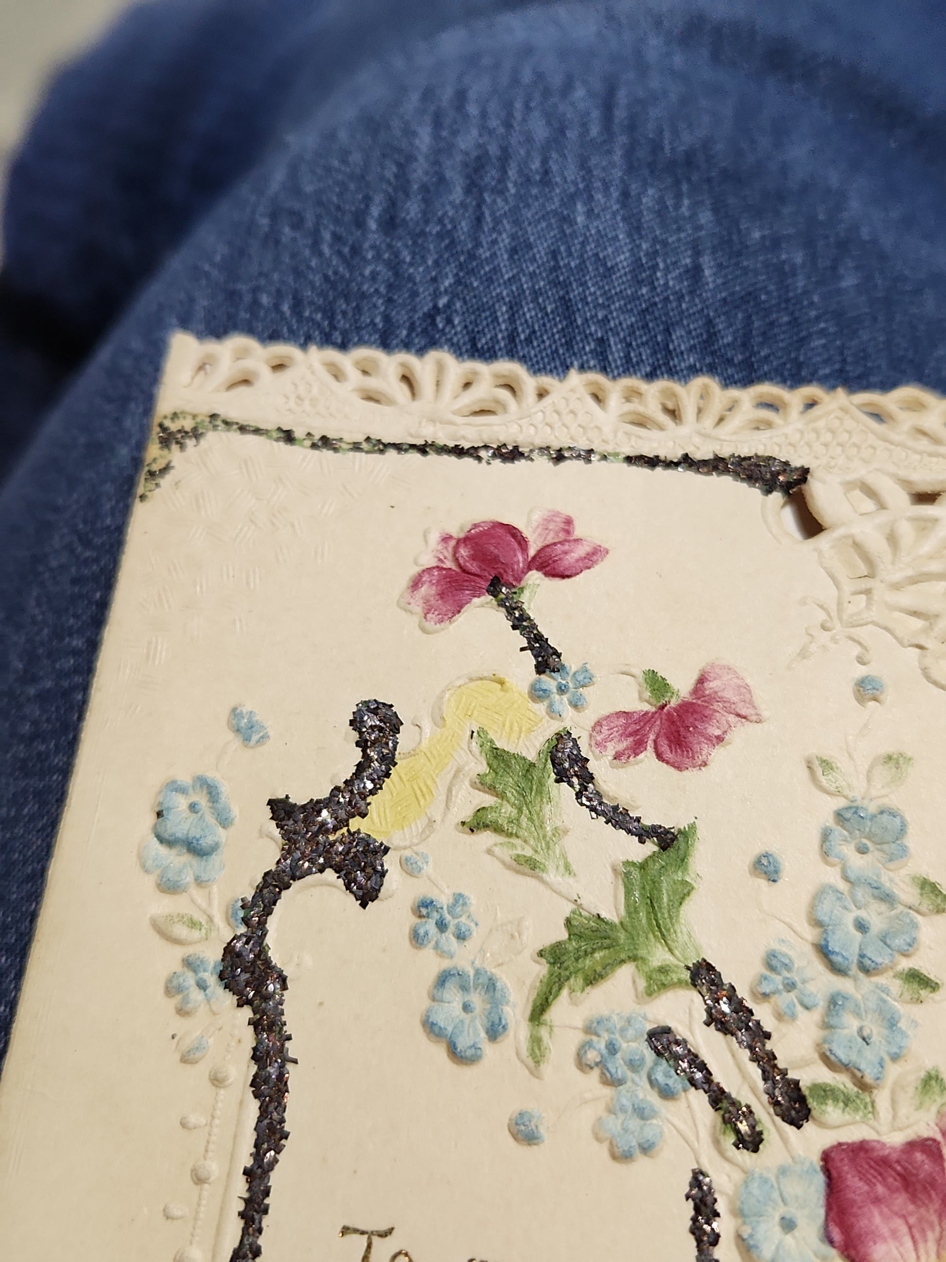 Antique Valentine Card Embossed, Mica, Flowers, To my Valentine pc4