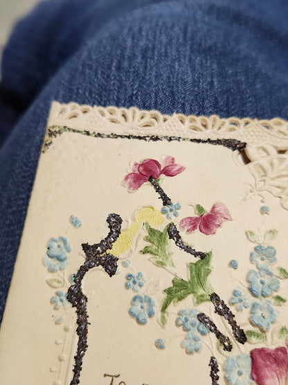 Antique Valentine Card Embossed, Mica, Flowers, To my Valentine pc4