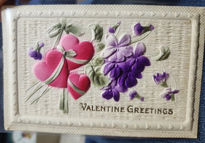 Antique Valentine post card Valentine Greeting Embossed Hearts and Violets