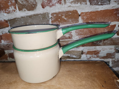 Vintage Enamelware Double Boiler Pot Cream With Green AS IS no lid ew87