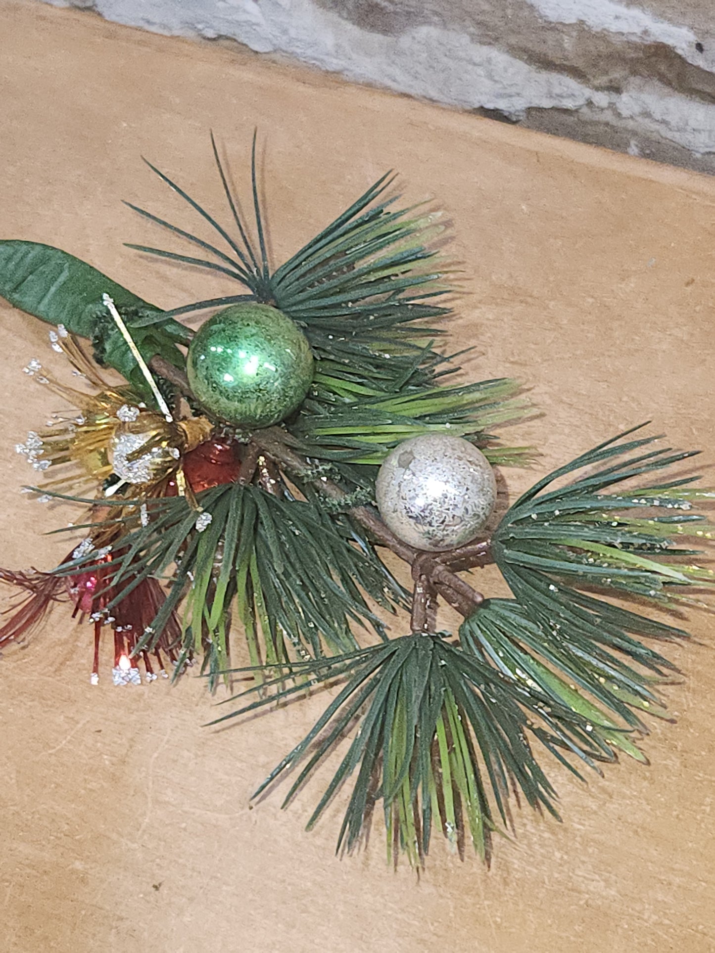 Vintage Christmas Pick with Mercury Glass Ornaments and Mercury Glass Starburt Ornaments cp1