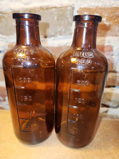 Vintage Medicine Bottles Amber Glass Set of 2 No lids vmb49