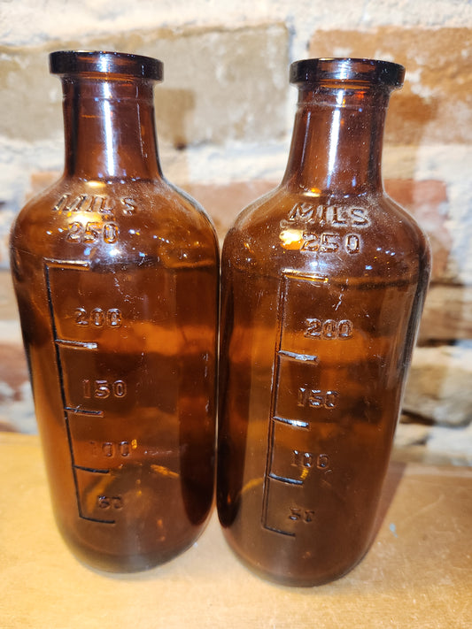 Vintage Medicine Bottles Amber Glass Set of 2 No lids vmb49