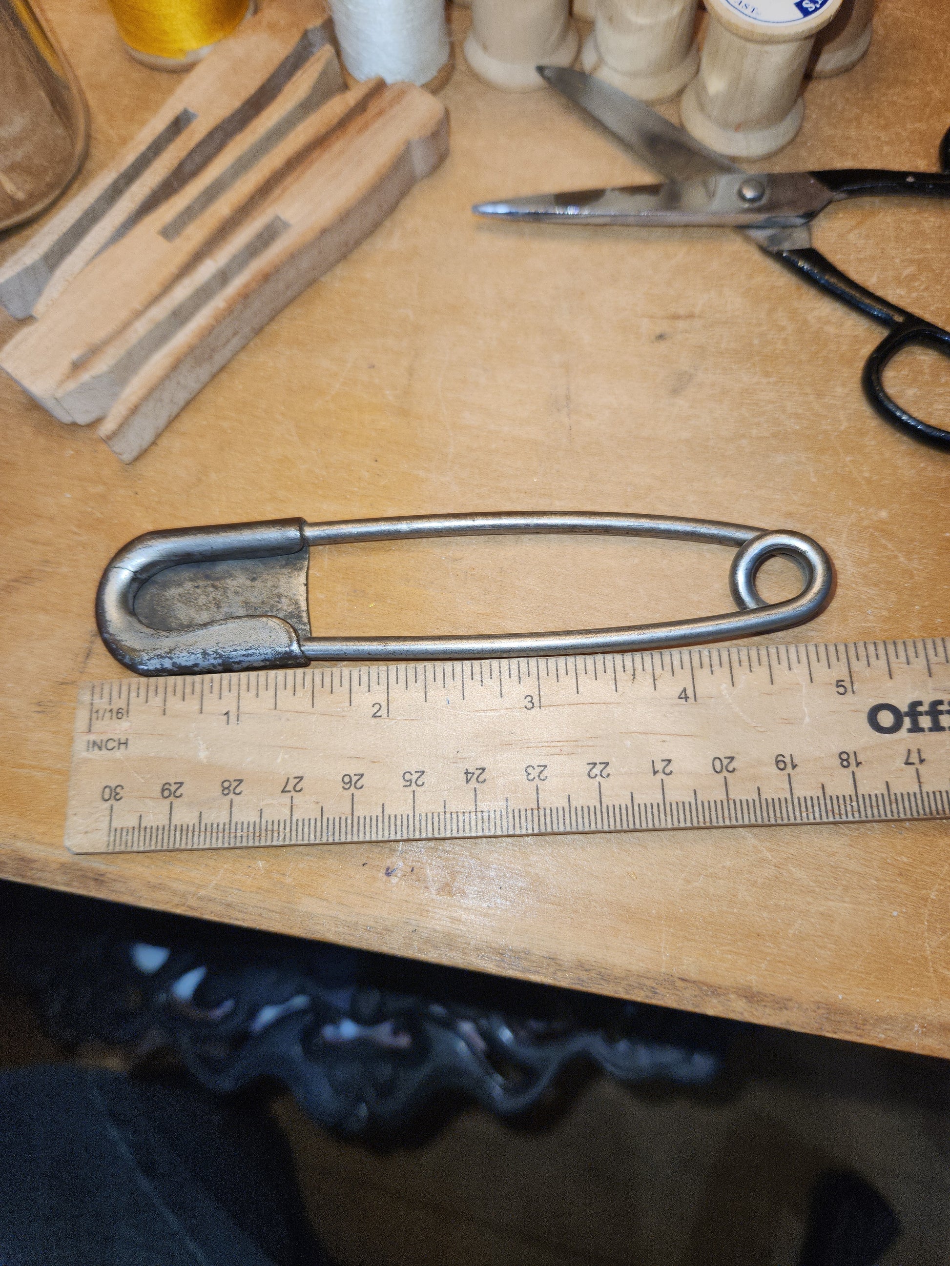 Vintage Sewing Jar Assemblage Wooden Thread Spools Scissors Wooden Clothespins Safety Pin vj12