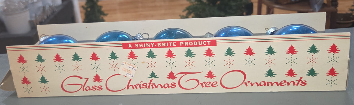 Vintage Shiny Brite Glass Christmas Ornaments Five 3" Blue Shades in Fanci-Pak Box As Is sb9