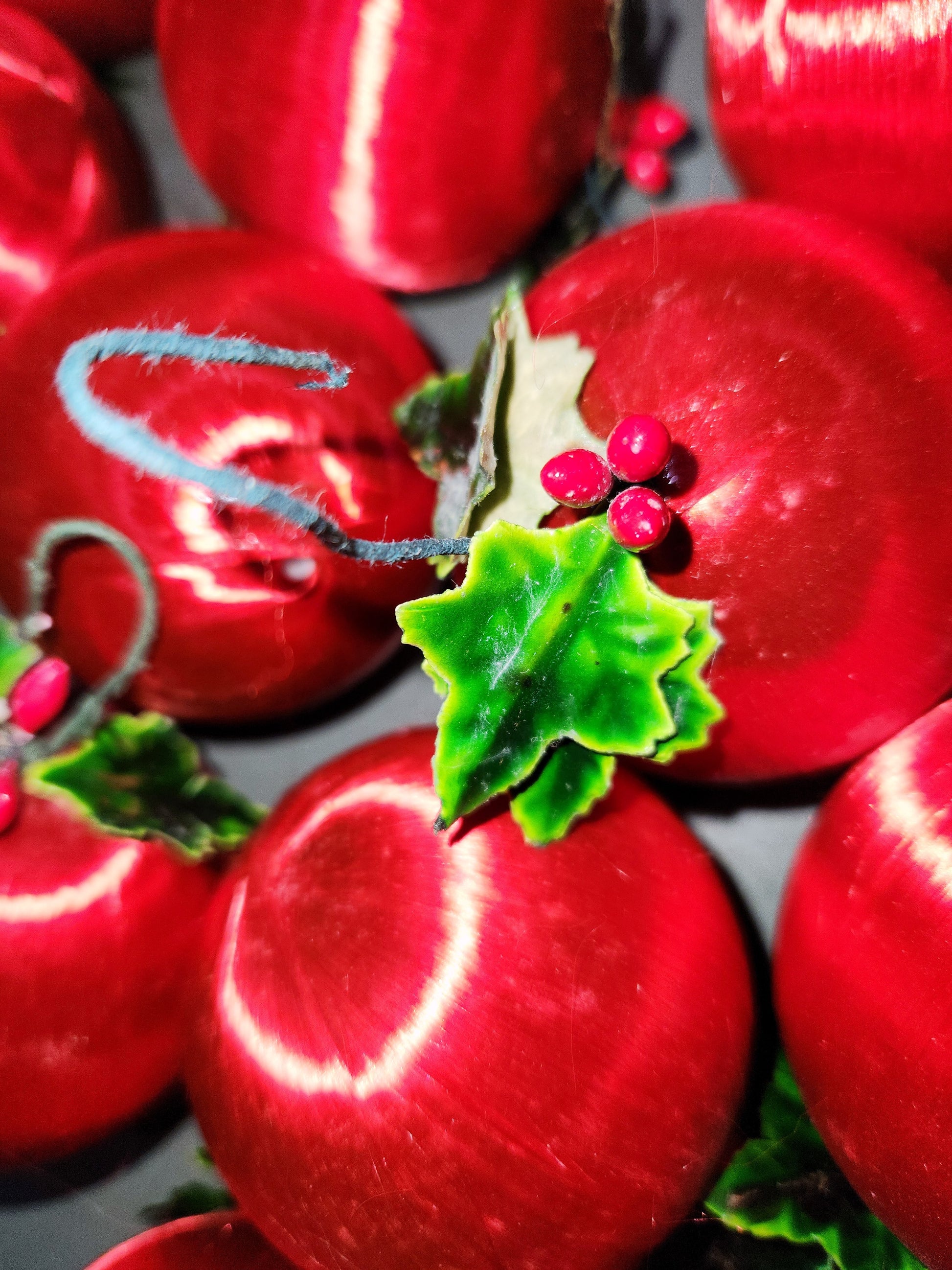 Vintage Red Satin Spun Silk Christmas Ornament 2" Ball With Green Holly Leaf and Green Metal Hanger