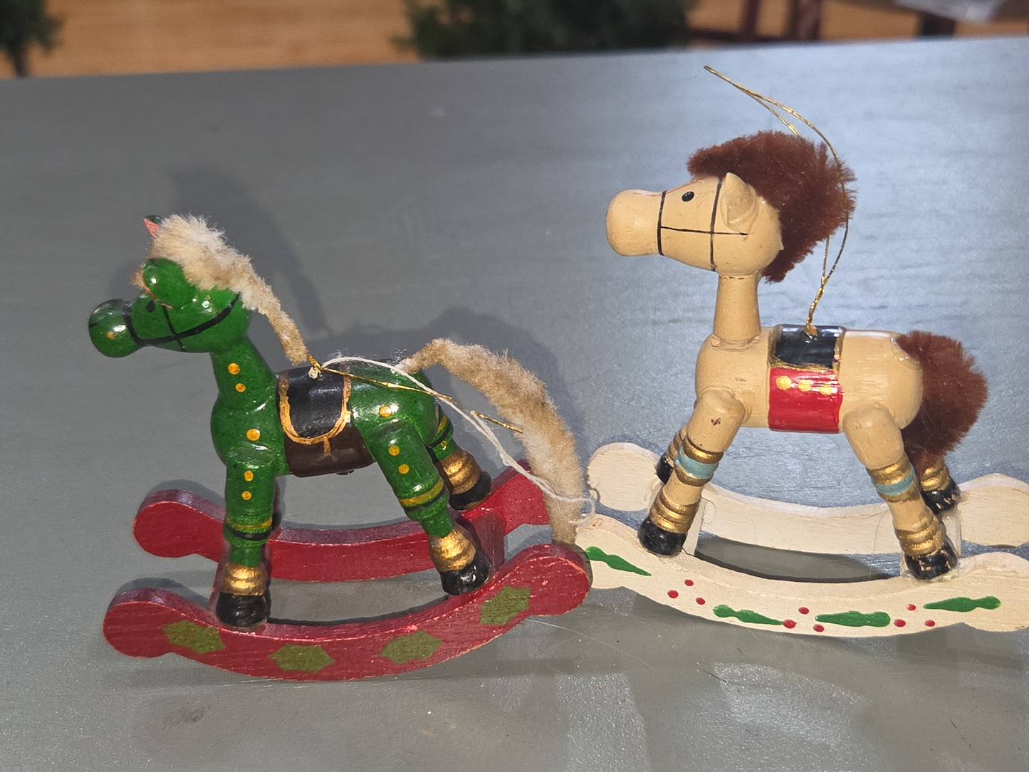 Vintage Wooden Ornaments Rocking Horses Set of 2 AS IS MCM Kitchy