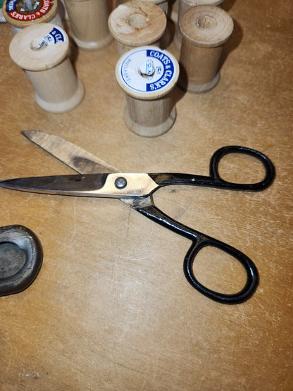 Vintage Sewing Jar Assemblage Wooden Thread Spools Scissors Wooden Clothespins Safety Pin vj12