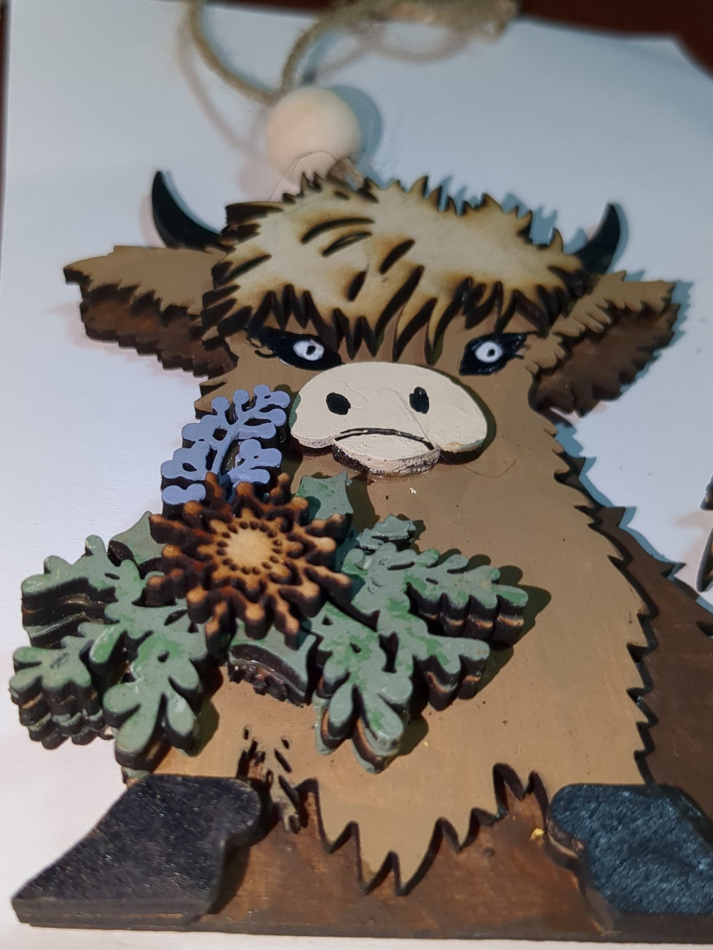 Wooden highland cow ornament or car charm