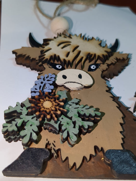 Wooden highland cow ornament or car charm
