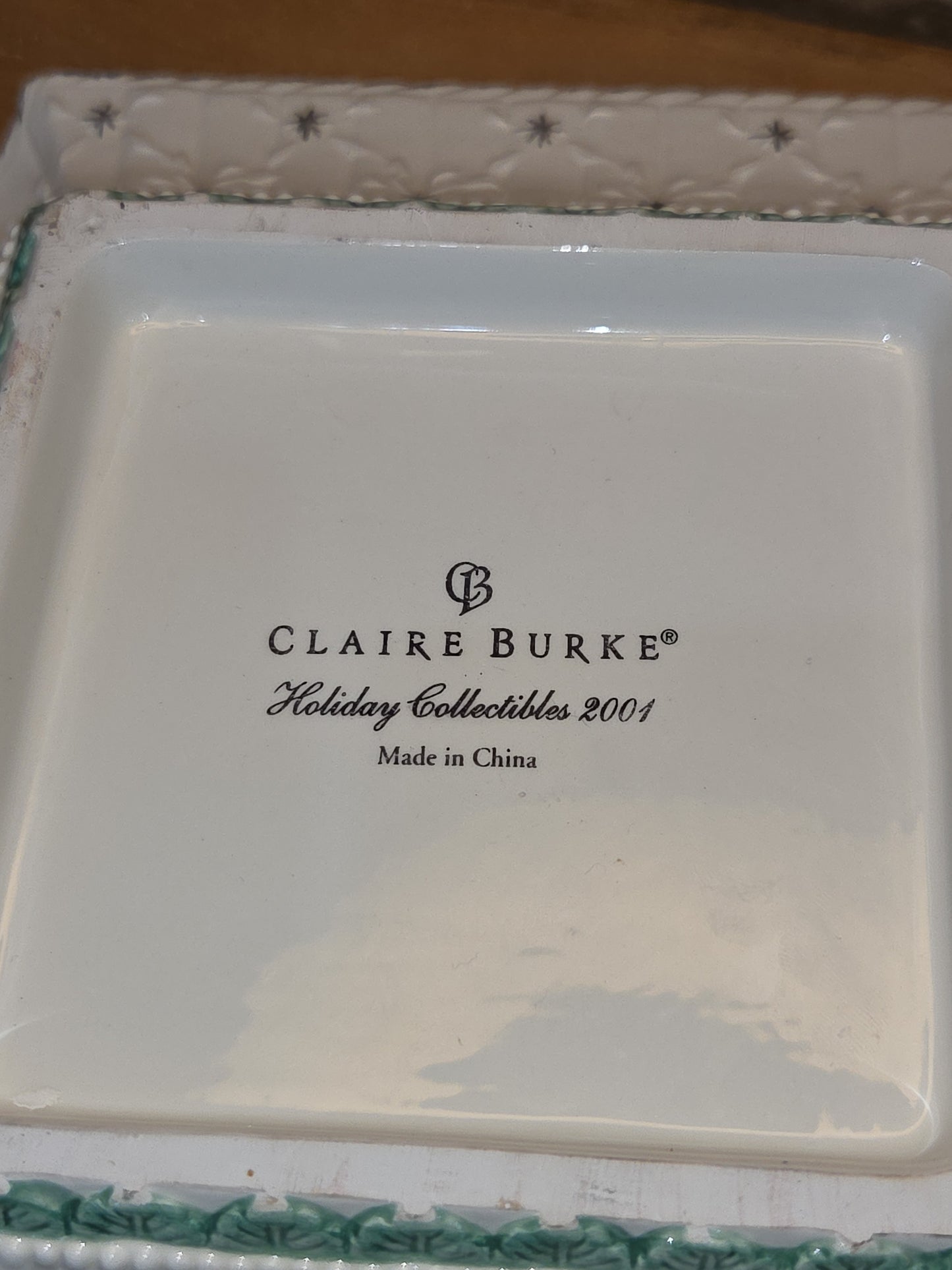 Vintage Claire Burke 2001 Holiday Collection Ceramic Pedestal AND Embossed Candy Dish Green with Bows vcd1
