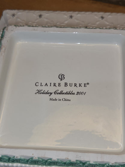 Vintage Claire Burke 2001 Holiday Collection Ceramic Pedestal AND Embossed Candy Dish Green with Bows vcd1