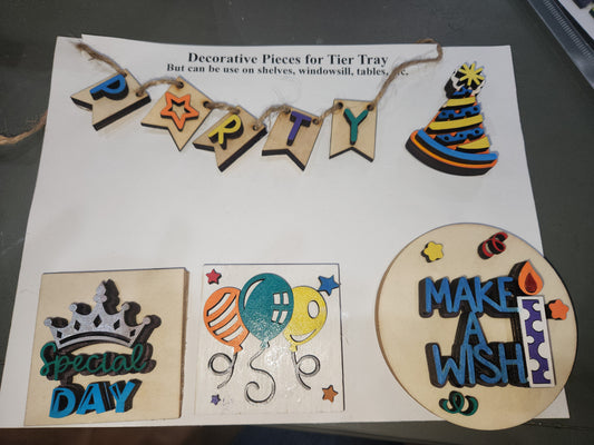 Tier Tray Decorations Handcrafted Birthday Set Balloon, hat, cake, crown, candle, banner ttb1