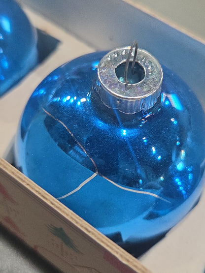 Vintage Shiny Brite Glass Christmas Ornaments Five 3" Blue Shades in Fanci-Pak Box As Is sb9