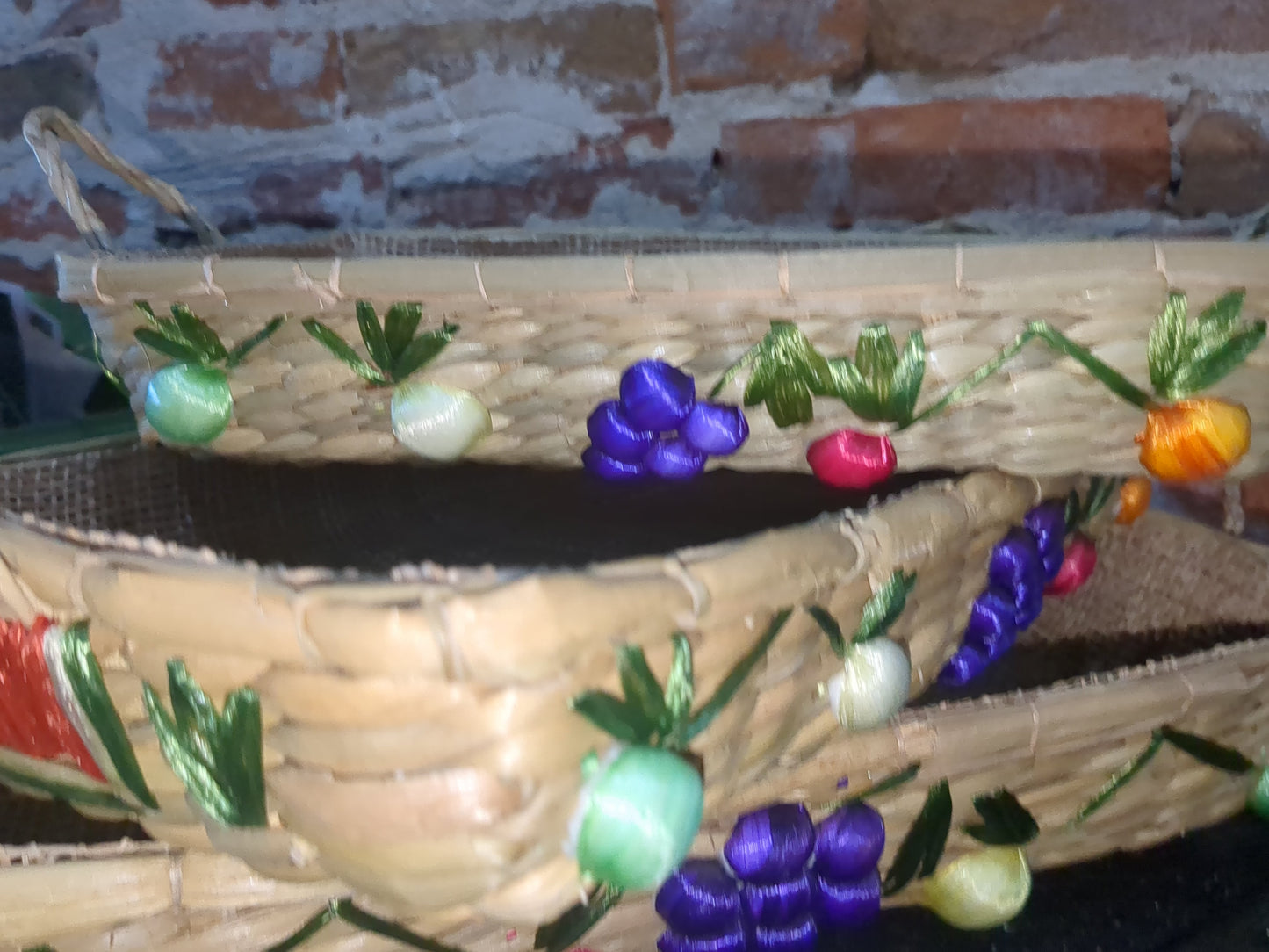 3 Vintage Boho Nesting Raffia Wicker Straw Lined Casserole Baskets, Tray Set 1970s or 1980s