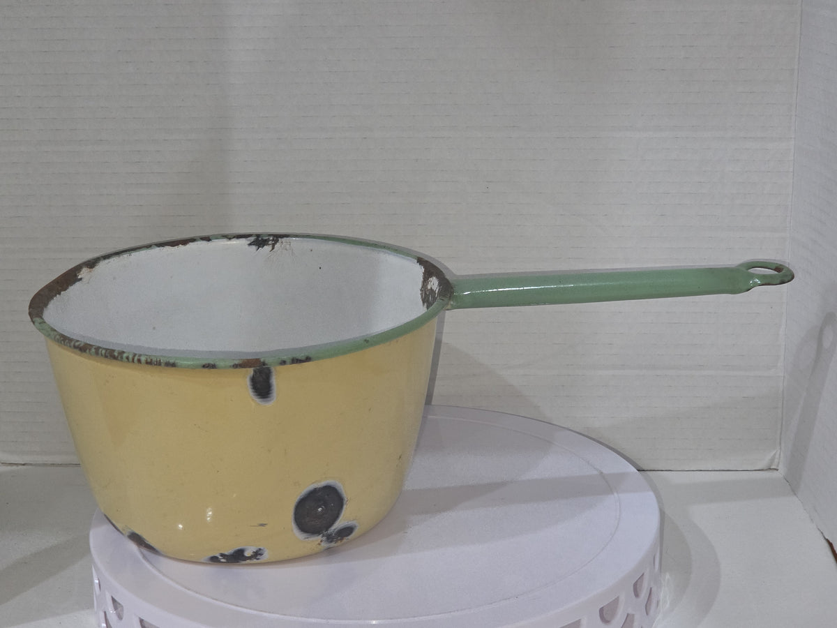 Vintage Enamelware Sauce Pan Cream Green Trim White Inside en90