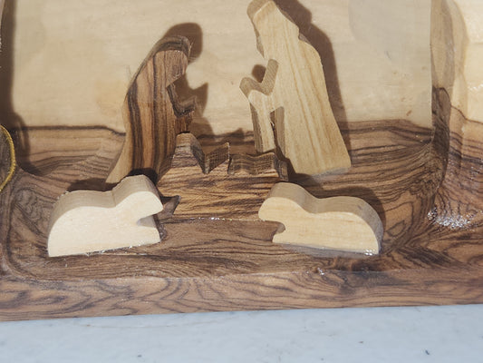 Small Grotto nativity carved in olive wood Branch - 3"x5" n3