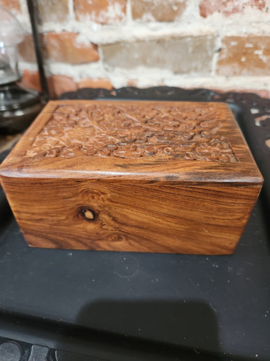 Vintage Hand Craved Wooden Box Lid Opening on Bottom Floral Design box45