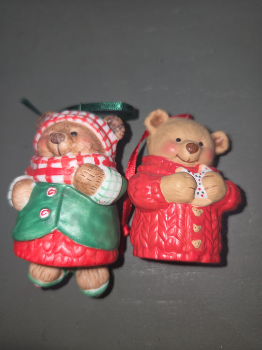 Vintage Hallmark Keepsake Ornaments Porcelain Skating Sugar Bear Bell and Snuggly Sugar Bear Bell Dangling Feet 2001 NO BOXES ho007