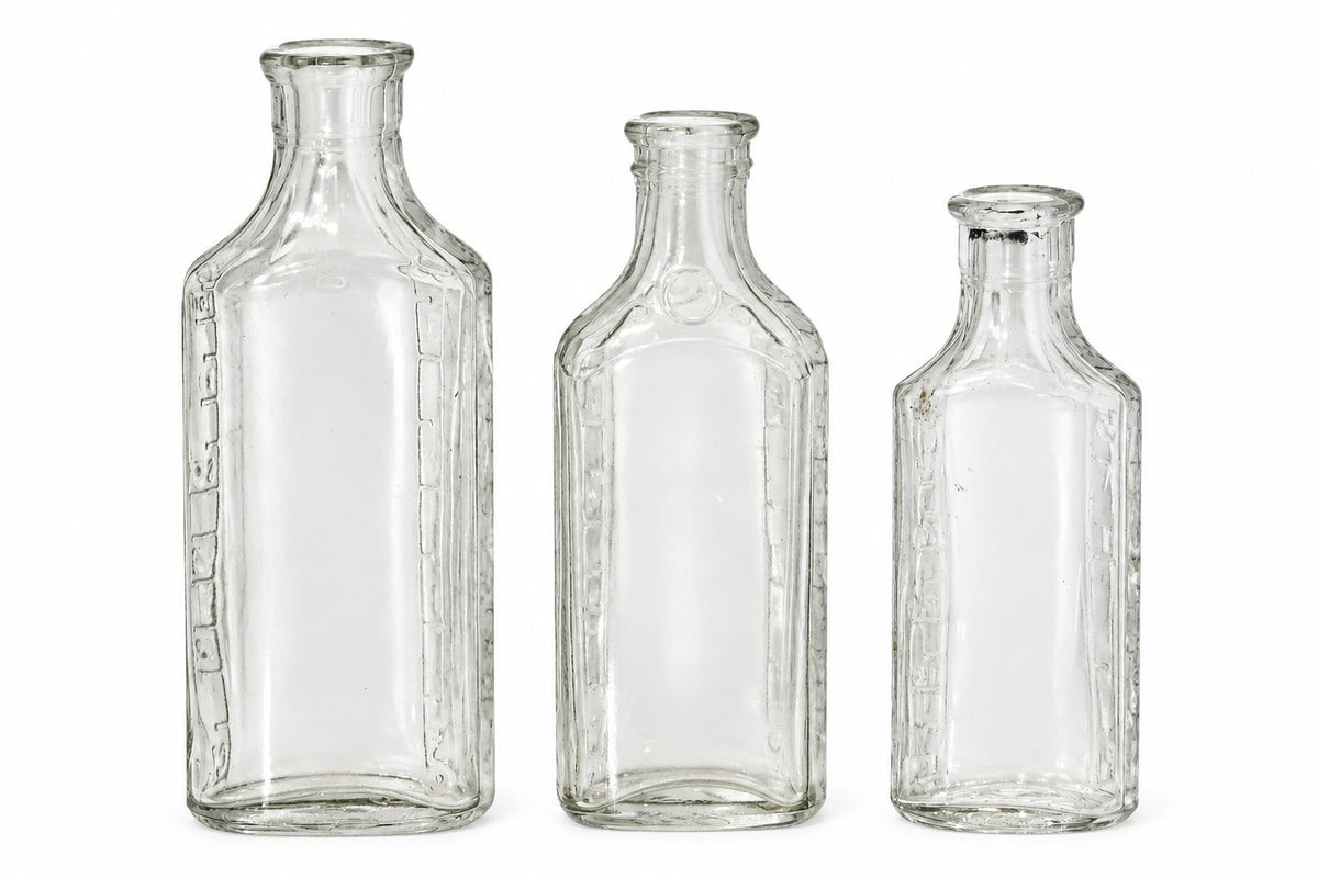 Vintage Glass Medicine Bottles Clear Embossed 3ii and 3 iv Set of 3 bottles Owens Early 1920s vmb65