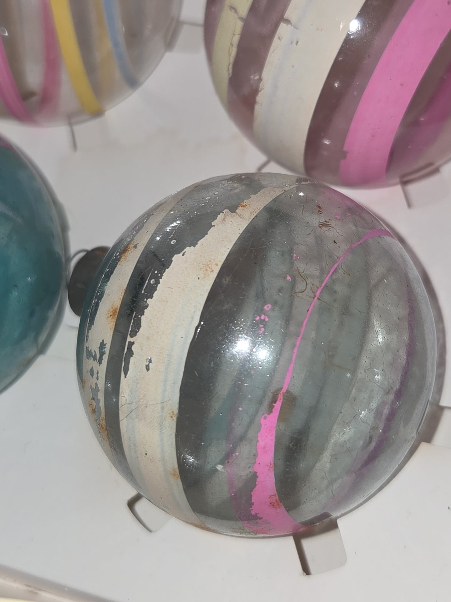 Vintage 2 1/4" Unsilvered Transparent and Blue Glass Ornament WWII Era 1940s Unmatched Set of 4 with Stripes AS IS vo123