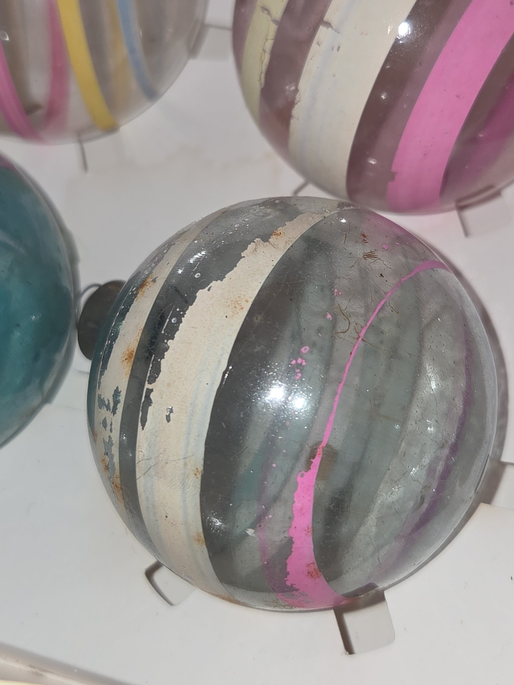 Vintage 2 1/4" Unsilvered Transparent and Blue Glass Ornament WWII Era 1940s Unmatched Set of 4 with Stripes AS IS vo123