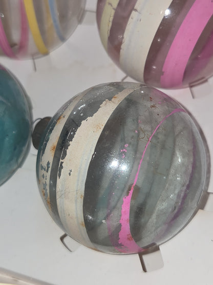 Vintage 2 1/4" Unsilvered Transparent and Blue Glass Ornament WWII Era 1940s Unmatched Set of 4 with Stripes AS IS vo123