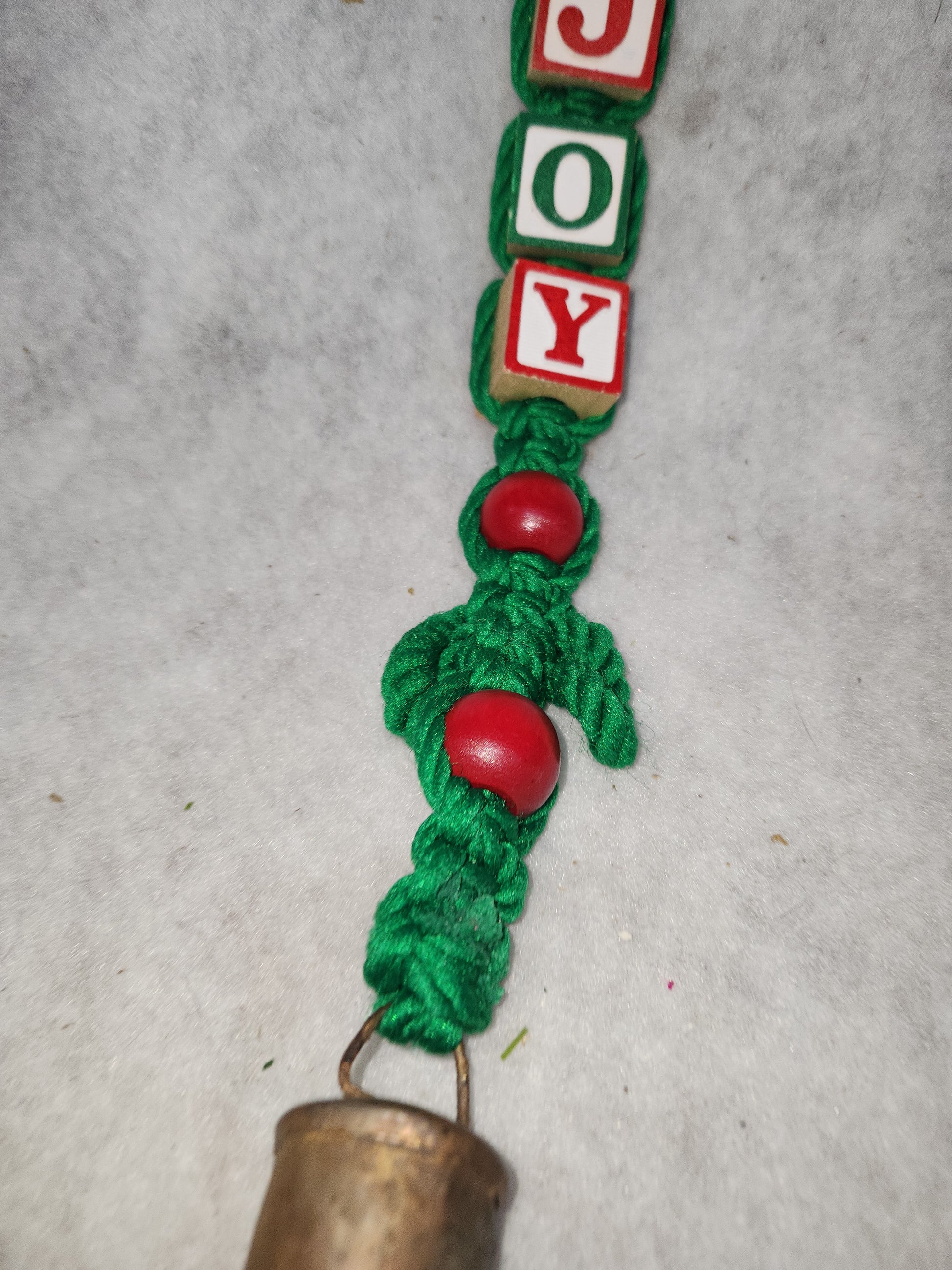 Vintage Handmade Macreme Joy Christmas Wall Door Hanger Wood blocks Wood Beads Old Bell 1970s