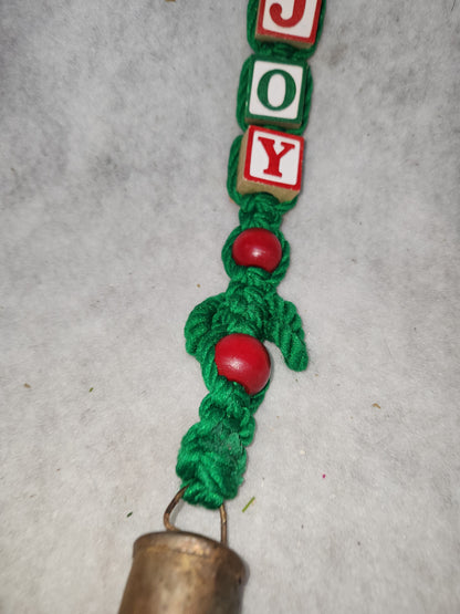 Vintage Handmade Macreme Joy Christmas Wall Door Hanger Wood blocks Wood Beads Old Bell 1970s