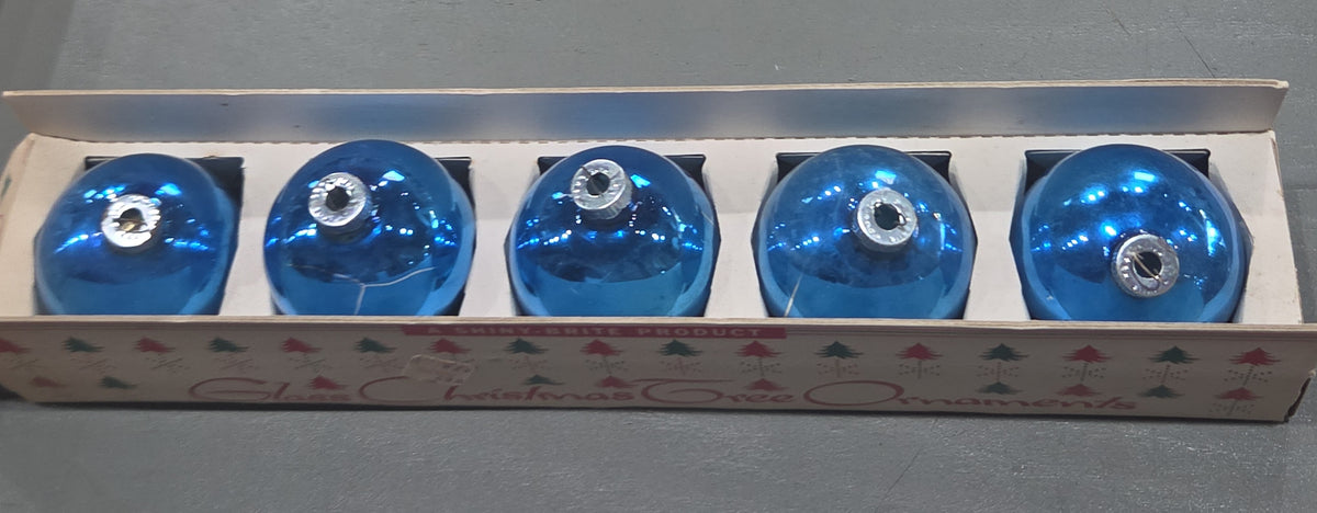 Vintage Shiny Brite Glass Christmas Ornaments Five 3" Blue Shades in Fanci-Pak Box As Is sb9