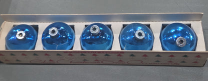 Vintage Shiny Brite Glass Christmas Ornaments Five 3" Blue Shades in Fanci-Pak Box As Is sb9