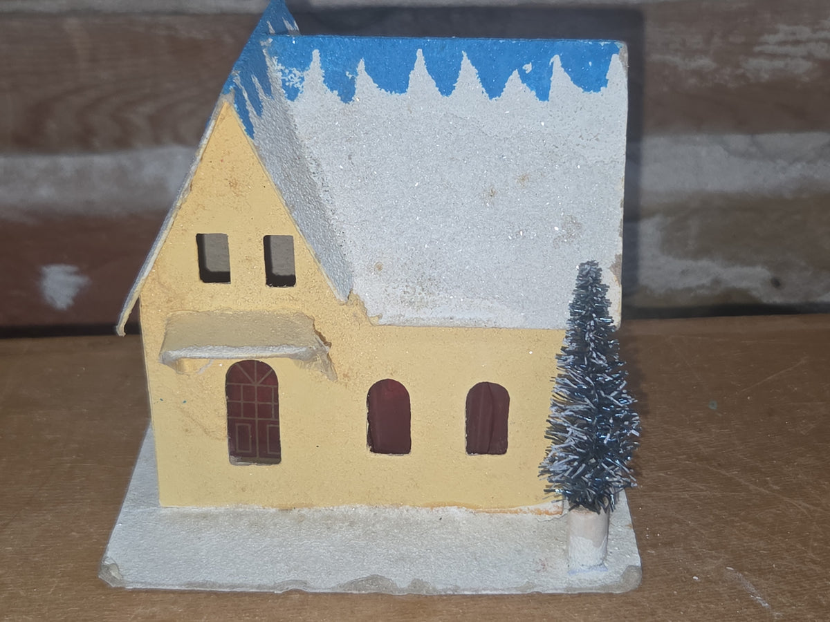 Vintage Putz Multiple Roofline House with Tree Made in Japan Yellow Read Description ptz2