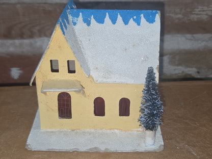 Vintage Putz Multiple Roofline House with Tree Made in Japan Yellow Read Description ptz2